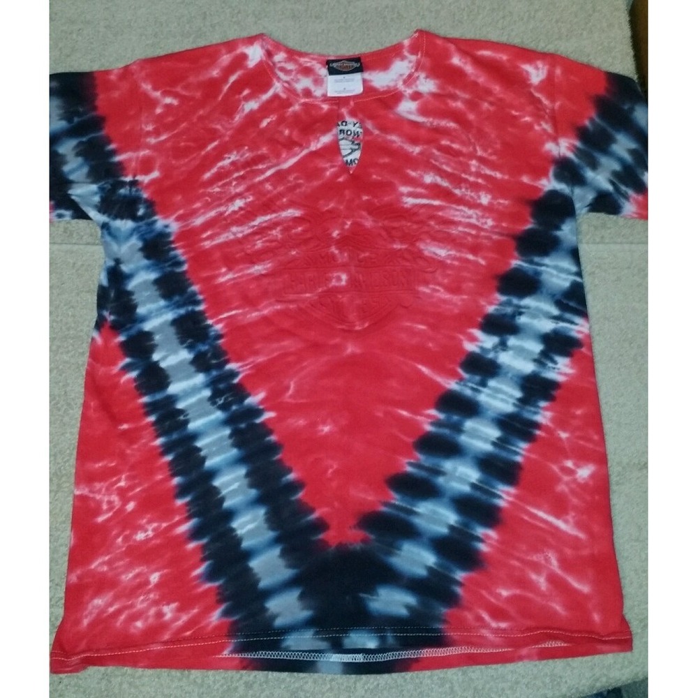 Women's Medium Harley Davidson‎ Red-black-white tie-dyed v-neck OKC t-shirt
